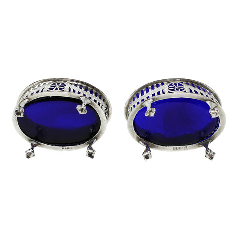 1906 Antique Pair Sterling Silver Salt Cellars London Hallmarks Edward VII Era in George III style with pierced and engraved sides