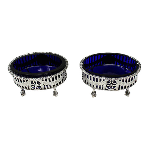 1906 Antique Pair Sterling Silver Salt Cellars London Hallmarks Edward VII Era in George III style with pierced and engraved sides