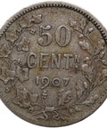 1907 50 Centimes Belgium Leopold II Coin Silver Dutch text