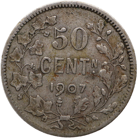 1907 50 Centimes Belgium Leopold II Coin Silver Dutch text