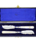 1907 Antique Edwardian Era Pair Solid Silver Butter Knives with original Case Silversmith Hilliard & Thomason Birmingham Hallmarks