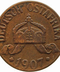 1907 J German East Africa one Heller Wilhelm II Bronze coin