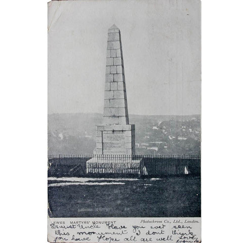 1907 United Kingdom Lewes Martyr’s Monument Postcard shipped to 46 Free School Street Calcutta India