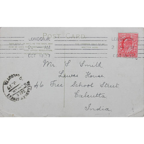 1907 United Kingdom Lewes Martyr’s Monument Postcard shipped to 46 Free School Street Calcutta India