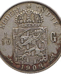 1908 1/10 Gulden Netherlands East Indies Coin Wilhelmina Silver