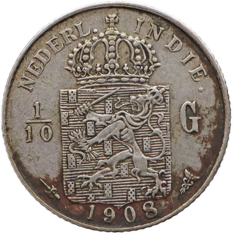 1908 1/10 Gulden Netherlands East Indies Coin Wilhelmina Silver