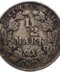 1908 A Germany Half Mark Wilhelm II Coin Silver (type 2 - small shield)