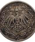 1908 A Germany Half Mark Wilhelm II Coin Silver (type 2 - small shield)