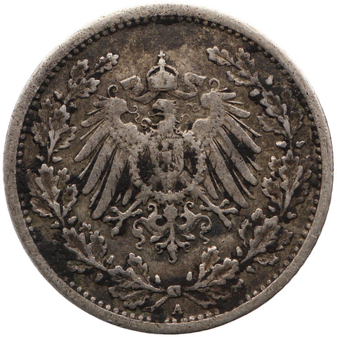 1908 A Germany Half Mark Wilhelm II Coin Silver (type 2 - small shield)