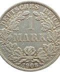 1908 A One Mark Germany Wilhelm I Coin Silver (type 2 - small shield)