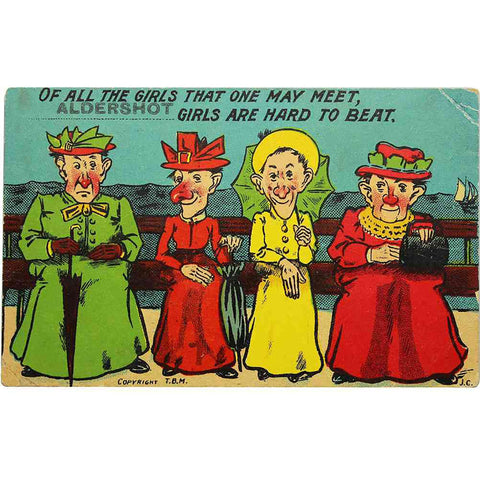 1908 Antique Comic Postcard Aldershot Girls King Edward VII Halfpenny Stamp