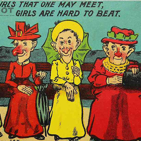 1908 Antique Comic Postcard Aldershot Girls King Edward VII Halfpenny Stamp