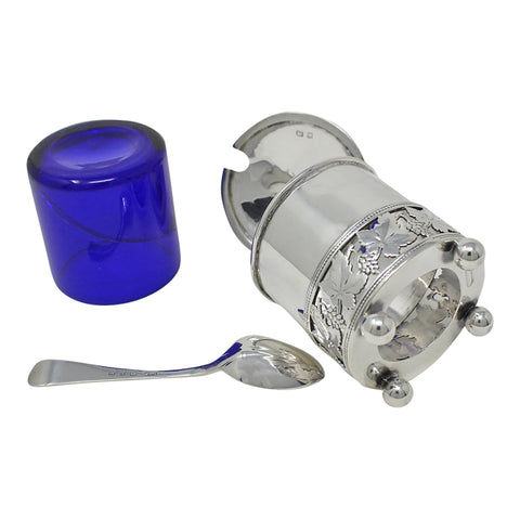 1908 Antique Edwardian Era Sterling Silver Mustard Pot with Blue Glass Liner Birmingham Hallmarks