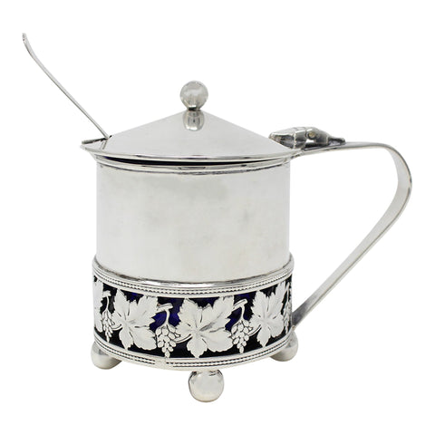 1908 Antique Edwardian Era Sterling Silver Mustard Pot with Blue Glass Liner Birmingham Hallmarks