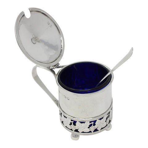 1908 Antique Edwardian Era Sterling Silver Mustard Pot with Blue Glass Liner Birmingham Hallmarks