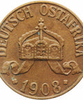1908 J One Heller German East Africa Wilhelm II Bronze Coin