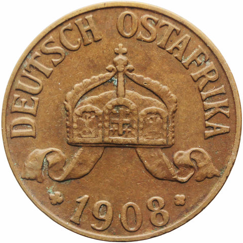 1908 J One Heller German East Africa Wilhelm II Bronze Coin