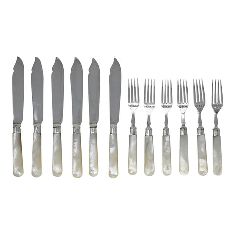 1909 - 10 Antique Edwardian Era Sterling Silver and Mother of Pearl 12 Fish Cutlery Set with original Wooden Case Silversmith Frederick C Asman & Co Sheffield Hallmarks