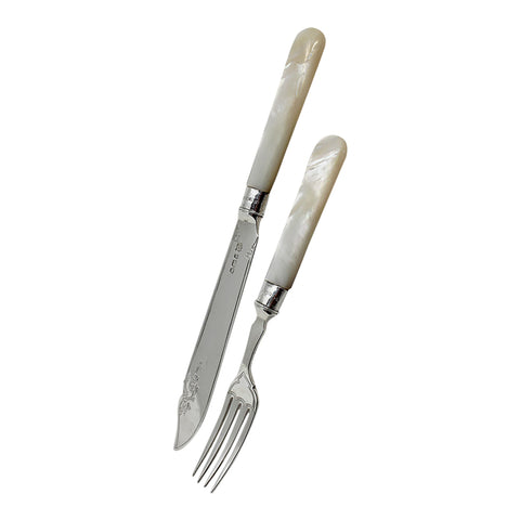 1909 - 10 Antique Edwardian Era Sterling Silver and Mother of Pearl 12 Fish Cutlery Set with original Wooden Case Silversmith Frederick C Asman & Co Sheffield Hallmarks