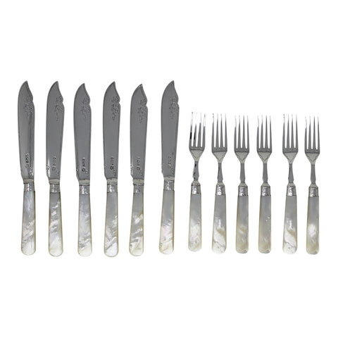 1909 - 10 Antique Edwardian Era Sterling Silver and Mother of Pearl 12 Fish Cutlery Set with original Wooden Case Silversmith Frederick C Asman & Co Sheffield Hallmarks