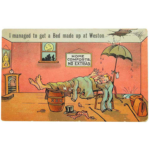 1909 Antique Comic Postcard I managed to get a Bed made up at Weston King Edward VII Halfpenny Stamp