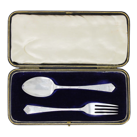 1909 Antique Edwardian Era Cutlery Set Spoon & Fork with Original Case Silversmith Duncan & Scobbie Sheffield Hallmarks