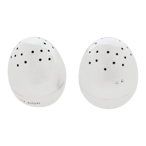 1909 Antique Edwardian Era Egg Shaped Sterling Silver Pair Pepper and Salt Shakers Silversmith Charles Wilkes Birmingham Hallmarks