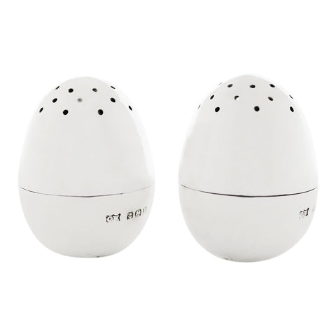 1909 Antique Edwardian Era Egg Shaped Sterling Silver Pair Pepper and Salt Shakers Silversmith Charles Wilkes Birmingham Hallmarks