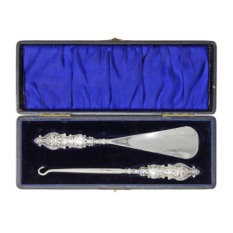 1909 Antique Edwardian Era Sterling Silver Handles Shoe horn and Button hook with original Case Silversmith Adie & Lovekin Ltd Birmingham Hallmarks