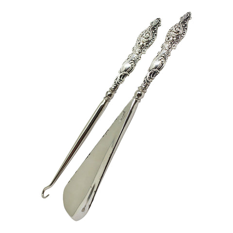 1909 Antique Edwardian Era Sterling Silver Handles Shoe horn and Button hook with original Case Silversmith Adie & Lovekin Ltd Birmingham Hallmarks