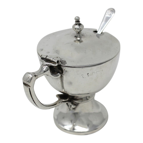 1909 Antique Edwardian Era Sterling Silver Mustard Pot with Blue Glass Liner Birmingham Hallmarks