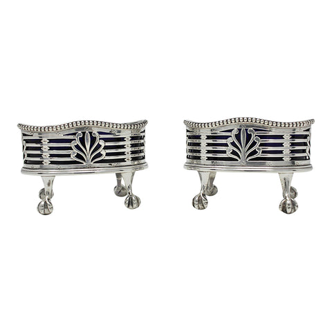 1910 Antique Edwardian Era Pair Sterling Silver Salt Cellars with pierced sides Silversmith William Comyns & Sons London Hallmarks