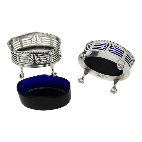 1910 Antique Edwardian Era Pair Sterling Silver Salt Cellars with pierced sides Silversmith William Comyns & Sons London Hallmarks