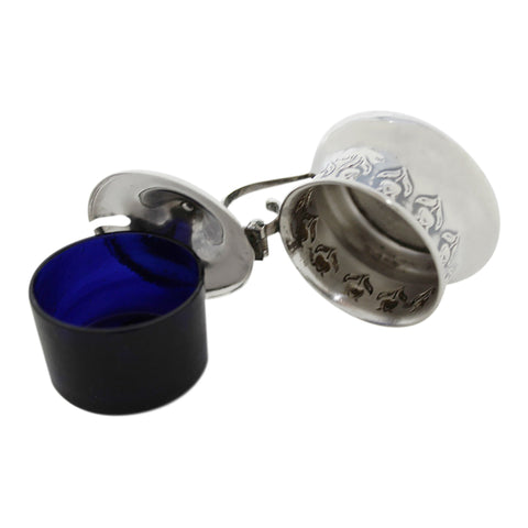 1910 Antique Edwardian Era Sterling Silver Mustard Pot with Blue Glass Liner Silversmiths John Rose Birmingham Hallmarks