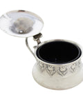 1910 Antique Edwardian Era Sterling Silver Mustard Pot with Blue Glass Liner Silversmiths John Rose Birmingham Hallmarks