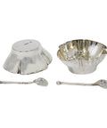 1910 Antique Edwardian Era Sterling Silver Two Salt Pots and Two Spoons with Original Case Silversmith Robert Pringle & Sons London Hallmarks