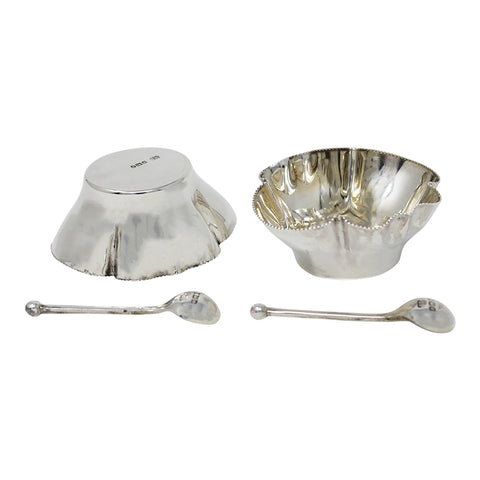 1910 Antique Edwardian Era Sterling Silver Two Salt Pots and Two Spoons with Original Case Silversmith Robert Pringle & Sons London Hallmarks