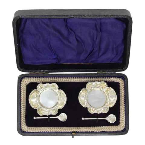 1910 Antique Edwardian Era Sterling Silver Two Salt Pots and Two Spoons with Original Case Silversmith Robert Pringle & Sons London Hallmarks