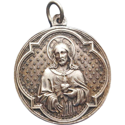 1910’s Antique Religious France Jesus Christ Mary Medal Signed Penin Silver - plated
