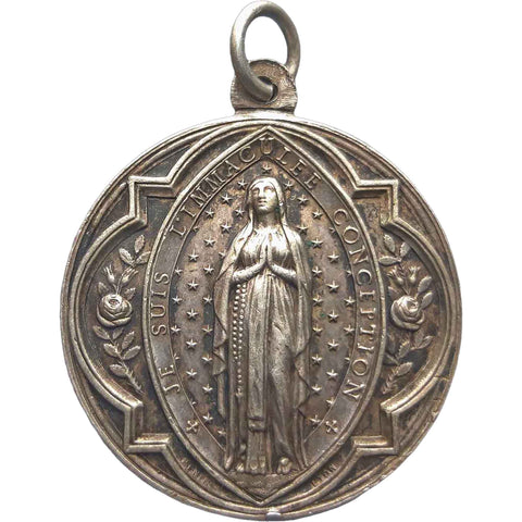 1910’s Antique Religious France Jesus Christ Mary Medal Signed Penin Silver - plated
