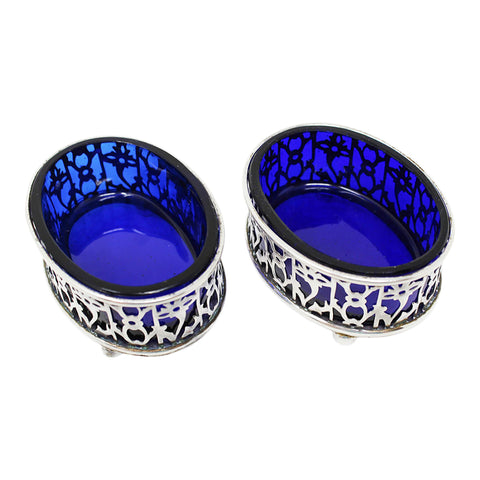 1911 Antique George V Era Pair Sterling Silver Salt Cellars with pierced sides Silversmith E S Barnsley & Co (Edward Souter Barnsley) Birmingham Hallmarks