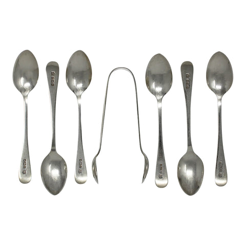 1911 Antique George V Era Set Six Sterling Silver Tea Spoons and Sugar Tongs with Box Silversmith Fenton Brothers Ltd Sheffield Hallmarks