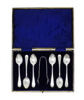 1911 Antique George V Era Set Six Sterling Silver Tea Spoons and Sugar Tongs with Box Silversmith Fenton Brothers Ltd Sheffield Hallmarks
