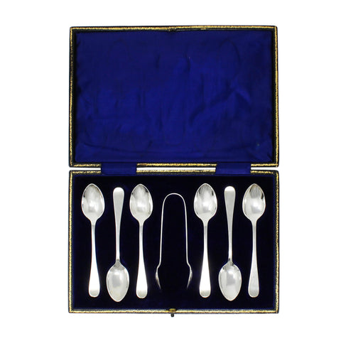 1911 Antique George V Era Set Six Sterling Silver Tea Spoons and Sugar Tongs with Box Silversmith Fenton Brothers Ltd Sheffield Hallmarks