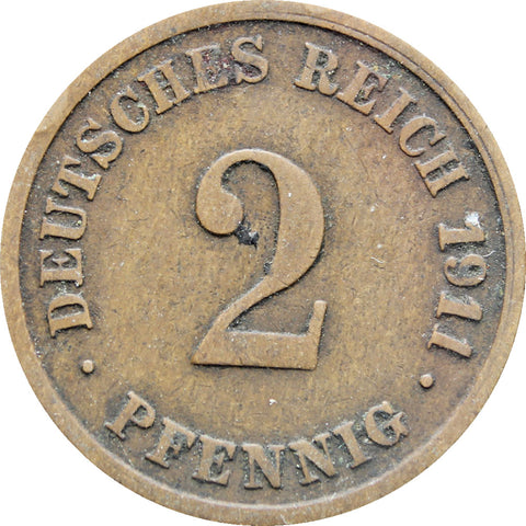 1911 G Germany Empire 2 Pfennig Wilhelm II Copper Coin Type 2 Small Shield