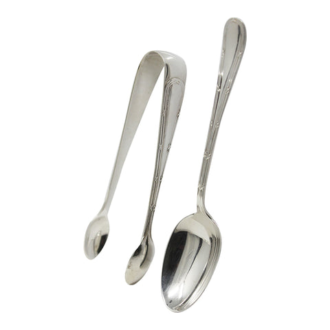 1912 Antique Victorian Era Set Six Sterling Silver Tea Spoons and Sugar Tongs Silversmith James Deakin & Sons (John & William F Deakin) Sheffield Hallmarks