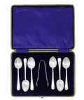 1912 Antique Victorian Era Set Six Sterling Silver Tea Spoons and Sugar Tongs Silversmith James Deakin & Sons (John & William F Deakin) Sheffield Hallmarks