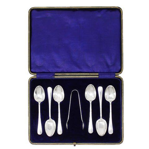 1912 Antique Victorian Era Set Six Sterling Silver Tea Spoons and Sugar Tongs Silversmith James Deakin & Sons (John & William F Deakin) Sheffield Hallmarks