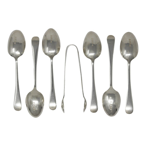 1912 Antique Victorian Era Set Six Sterling Silver Tea Spoons and Sugar Tongs Silversmith James Deakin & Sons (John & William F Deakin) Sheffield Hallmarks