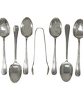 1912 Antique Victorian Era Set Six Sterling Silver Tea Spoons and Sugar Tongs Silversmith James Deakin & Sons (John & William F Deakin) Sheffield Hallmarks